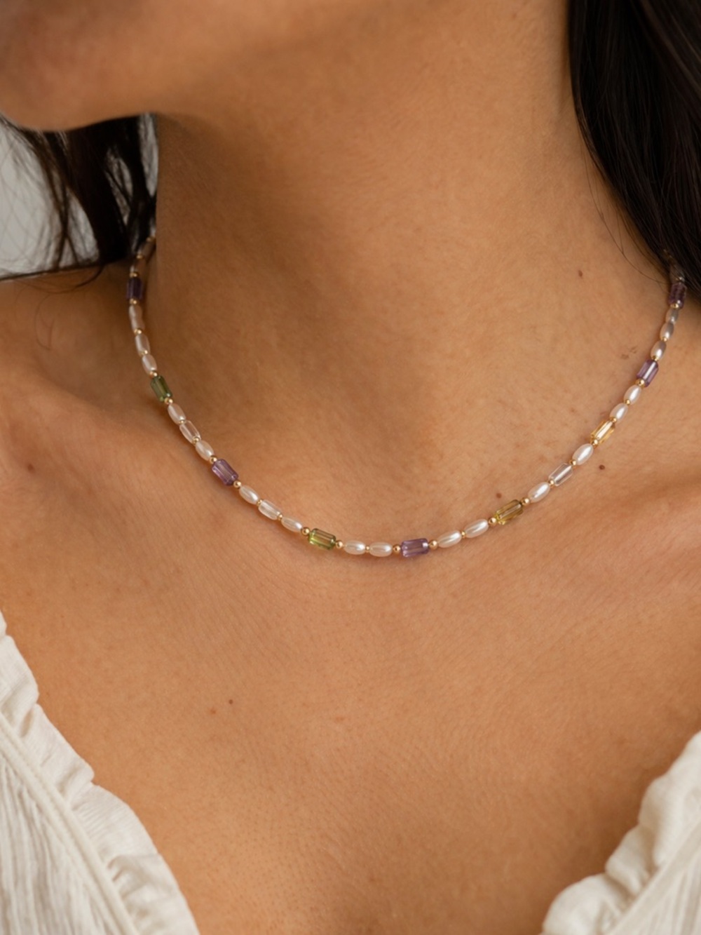 Dainty Multicolor Beaded Choker Necklace Gold Accent Minimalist Layering Jewelry